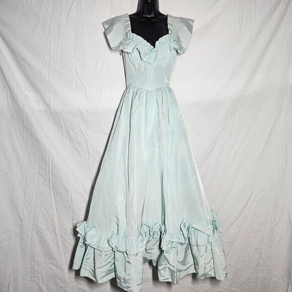 Seafoam blue vintage 80s jessica mcclintock ruffle a-line formal dress